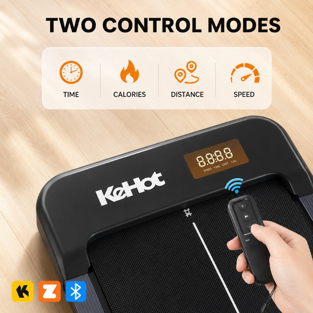 Two control modes — display and remote with time, calories, distance, and speed