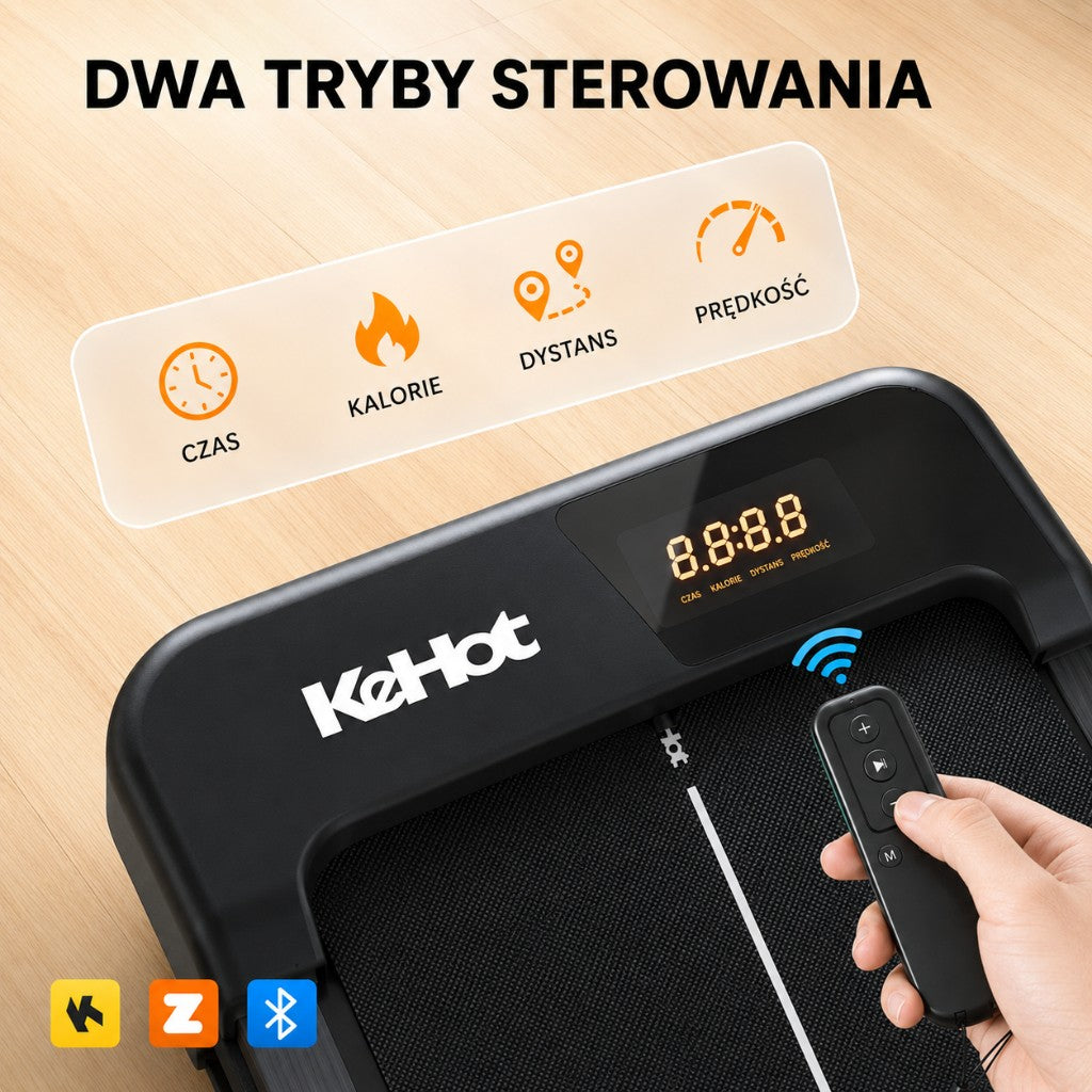 Dwa tryby sterowania — wyświetlacz i pilot z czasem, kaloriami, dystansem i prędkością