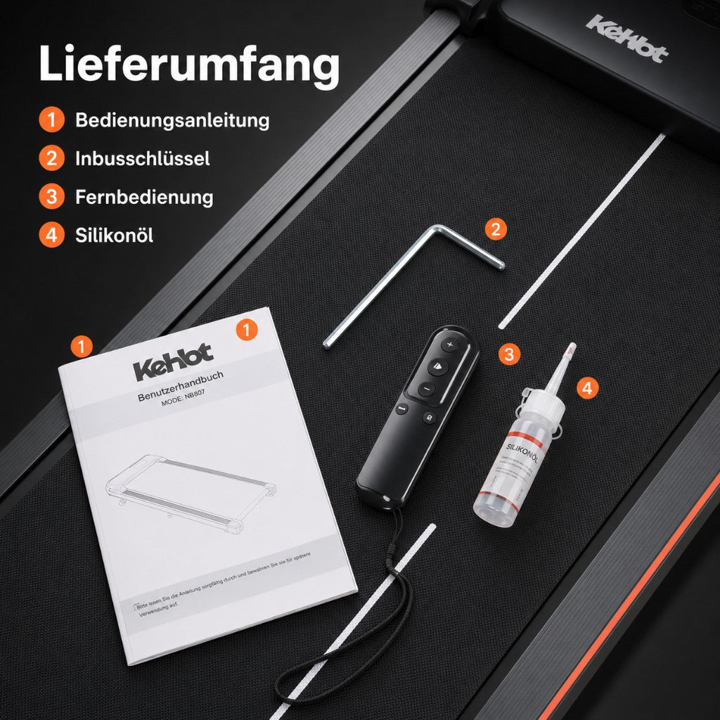 Lieferumfang — Bedienungsanleitung, Inbusschlüssel, Fernbedienung und Silikonöl
