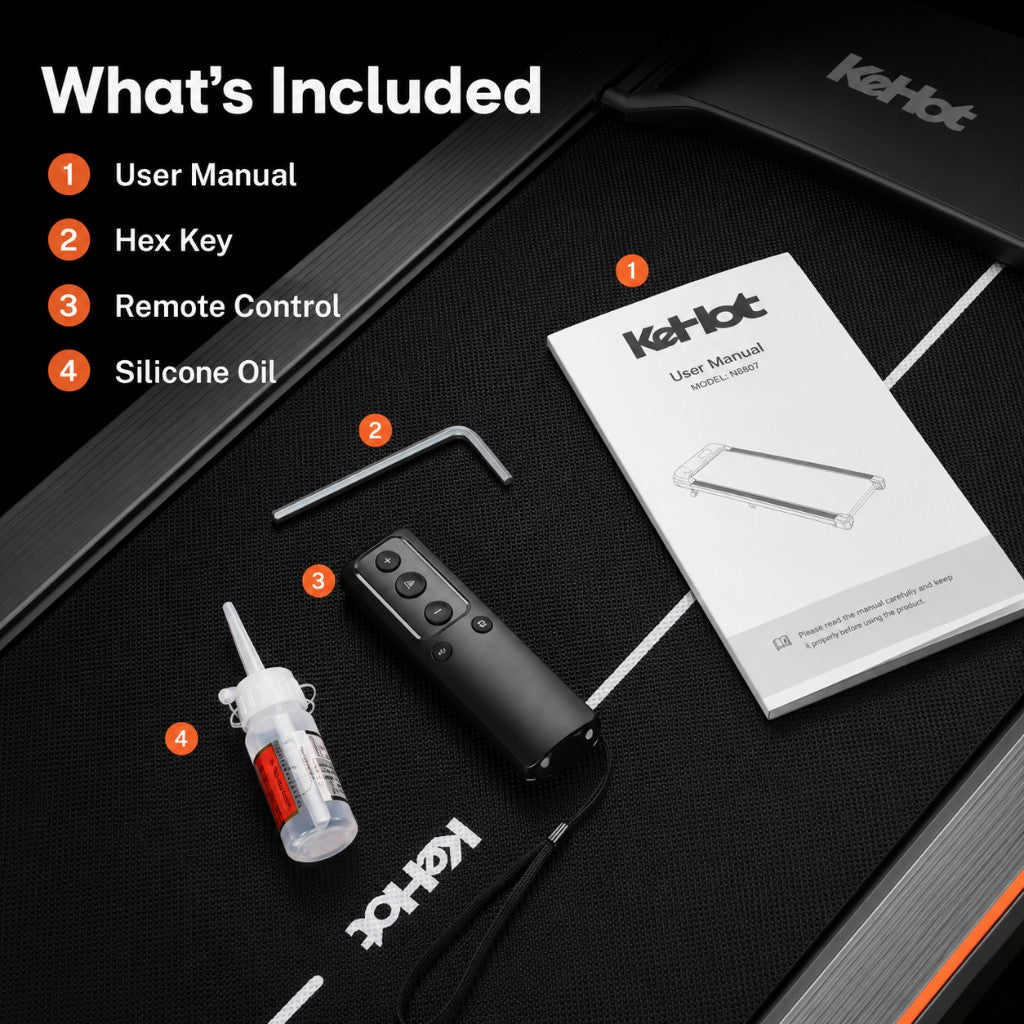 What's in the box — user manual, hex key, remote control, and silicone oil