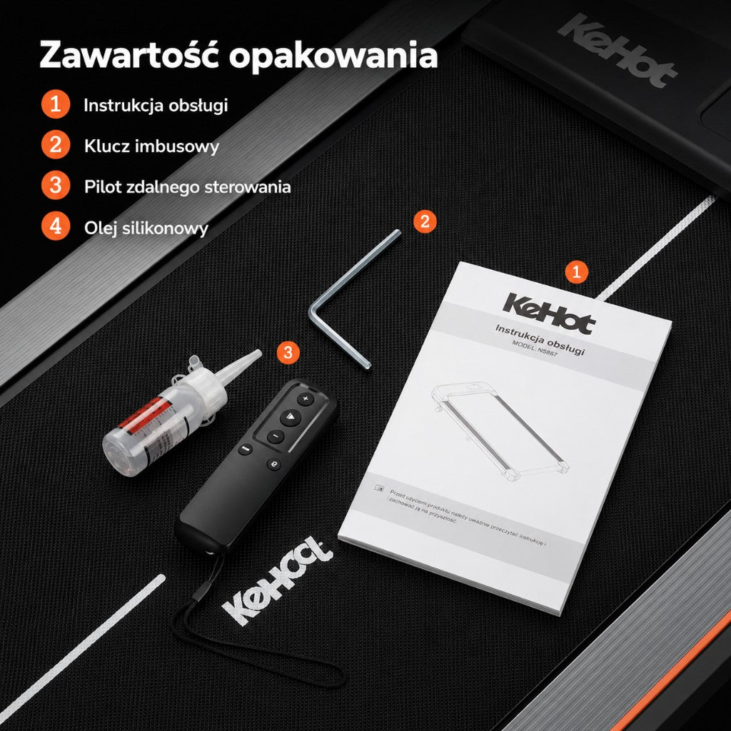 Zawartość opakowania — instrukcja, klucz imbusowy, pilot i olej silikonowy