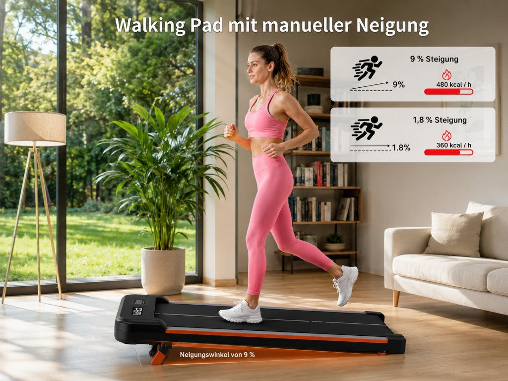 Walking Pad mit manueller Neigung — 9 % und 1,8 % Steigung, Kalorienverbrauch im Vergleich