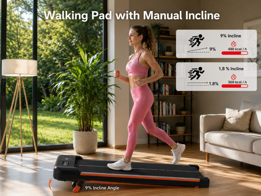 Walking pad with manual incline — 9% and 1.8% incline, calorie burn comparison