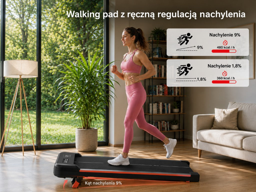Walking pad z ręczną regulacją nachylenia — nachylenie 9% i 1,8%, porównanie spalania kalorii